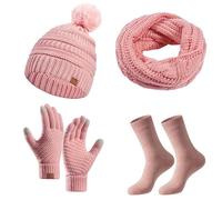 Conjunto de invierno de tres piezas con gorro cálido, bufanda y guantes en color sólido, Rosa., talla única