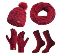 Conjunto de invierno de tres piezas con gorro cálido, bufanda y guantes en color sólido, Vino, talla única
