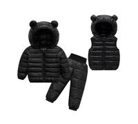 Conjunto de Invierno para Niñas con Prendas de Manga Larga en Color Sólido y Detalles de Orejas Acolchadas con Chaleco y Pantalón Cálido (Black, 3-4 Years)