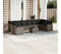 Conjunto de Jardín de 11 Piezas con Cojines, Ratán Sintético Gris, Diseño Modular con Almacenamiento, Conjunto Jardin Exterior, Sofas Exteriores de Jardin,Color Gris, Incluye Mesa de Cristal