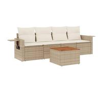 Conjunto de jardín de 5 piezas Polyratin Beige con cojines y mesa acacia | Resina trenzada duradera, fundas lavables, diseño modular, mesa plegable, fácil mantenimiento