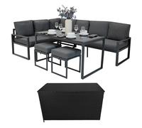Conjunto de jardín: Sofá esquinero de Aluminio Gris Antracita + Mesa de vidrio templado + Taburetes & Caja de Almacenamiento de ratán negro 582L, cojines lavables, funda impermeable | Muebles exterior