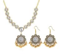 Conjunto de joyas bohemias con flores para mujer, collar y pendientes, estilo indio étnico, bolas con pedrería, flecos dorados, para bodas, fiestas, ceremonias de Bollywood Chic joya tradicional
