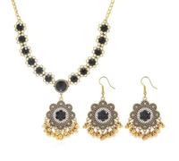 Conjunto de joyas bohemias con flores para mujer, collar y pendientes, estilo indio étnico, bolas con pedrería, flecos dorados, para bodas, fiestas, ceremonias de Bollywood Chic joya tradicional