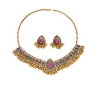 Conjunto de joyas de boda india tradicional bohemio para mujeres y niñas plata antigua oxidada collar pendientes pompón bollywood gargantilla punk cristal regalo tendencia, 36 millimetri, Metal