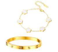 Conjunto de Joyas De TréBol de Cuatro Hojas, 2 Piezas Pulsera de Trébol de la Suerte, Pulsera de Acero Inoxidable Chapada en Oro, Oro 18k/con Simbolismo de Suerte, para Madres/Hijas/Novias