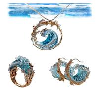 Conjunto De Joyas Del Juramento Del Océano, Collar/anillo/pendiente Ajustable De Las Olas Del Océano, Regalo De Inspiración Del Collar Del Juramento Del Océano (Set)