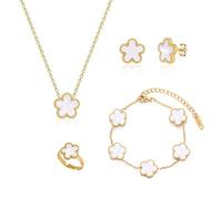 Conjunto de Joyas para Mujer con Trébol de Cuatro Hojas 18K Oro Plateado Acero Inoxidable Doble Cara Trébol de Cuatro la Suerte Colgante Collar Pendientes Pulsera Anillo Juego de Joyas (Blanco)