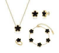 Conjunto de Joyas para Mujer con Trébol de Cuatro Hojas 18K Oro Plateado Acero Inoxidable Doble Cara Trébol de Cuatro la Suerte Colgante Collar Pendientes Pulsera Anillo Juego de Joyas (Negro)