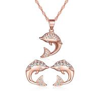 Conjunto de joyas para mujer de Yumilok, collar y pendientes con forma de delfín con circonitas, de plata de ley 925 en oro rosa