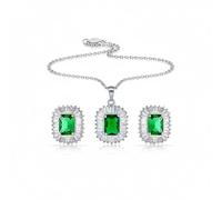 Conjunto De Joyería De Collar Colgante De Corte Esmeralda Simulado CZ Verde Art Deco Y Pendientes De Botón Halo De Baguette A Juego Para Mujer Chapado En Plata