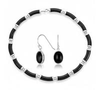 Conjunto De Joyería De Collar De Eslabones De Barra Contorneada De Estilo Asiático Con Cuentas De Ónix Negro Y Pendientes Colgantes De Cabujón Ovalado Engastado Para Mujer En Plata De Ley .925