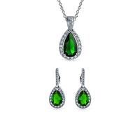 Conjunto de joyería de moda clásica nupcial con colgante de lágrima en forma de pera solitario con halo de circonita cúbica AAA simulada verde esmeralda y pendientes a juego para mujer, chapado en