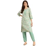 Conjunto de kurta Rangita para mujer, de rayσn, verde menta, con estampado floral, largo hasta la rodilla, recto, con pantalσn