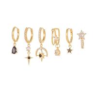 Conjunto de la oreja de 6 piezas con forma de estrella geométrica - Black Zirconia Drop & Minimalist Stud aretes para cartílago - Gold/Silver Tone Brass Ear Jewelry (7.6g)-Silver