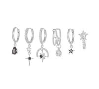 Conjunto de la oreja de 6 piezas con forma de estrella geométrica - Black Zirconia Drop & Minimalist Stud aretes para cartílago - Gold/Silver Tone Brass Ear Jewelry (7.6g)-Silver