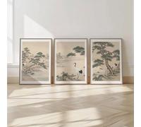 Conjunto de láminas de paisajes japoneses: grullas y pinos - Arte mural Japandi - Pósteres zen asiáticos en lienzo (40x60cm/3 piezas sin marco)