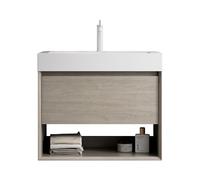 Conjunto de lavabo para baño de pared, lavabo rectangular de resina, parte frontal de madera maciza, cuerpo de tablero multicapa, aspecto de roble, vetas de madera, cajón de cierre suave (roble claro