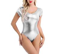 Conjunto de lencería clásico para mujer Wetlook Body Shiny Ballet leotardo Dance Body Jumpsuit Dance Wear Lencería transparente de gran tamaño, plata, XL