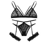 Conjunto de lencería de encaje para mujer sujetador tanga más tamaño pijamas camisones seductora ropa de dormir de encaje fino para mujeres, Negro , S