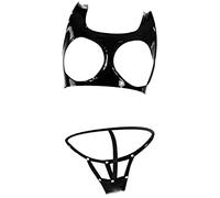 Conjunto De Lencería De Goma De Látex Para Mujer Top Sin Copa Con Calzoncillos De Tanga,Negro,Medio