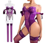 Conjunto de lencería para mujer de encaje, traje sexy con arco, tallas grandes, ligueros, ropa interior erótica, cuello en V, lencería con entrepierna abierta, ropa interior de una pieza