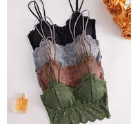 Conjunto de lencería sexy de encaje con camisola sin espalda y diseño de inalámbrico para mujer, negro, caqui, y verde, 4 piezas