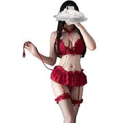 Conjunto de lencería sexy para mujer, con volantes, babydoll de peluche, brasier y braga, camisón con gargantilla, babydoll de encaje de anime, Rojo -, Talla única