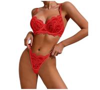 Conjunto de lencería sexy para mujer, ropa interior de encaje transparente, dos piezas, sujetador push up y bragas cómodas, transpirables, ropa interior para mujer, rojo, L