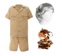 Conjunto de leyenda de la vida silvestre para adultos, traje icónico de naturalista y locutor, incluye traje safari caqui, peluca plateada distintiva y tigre de felpa, perfecto para fiestas, temática