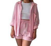 Conjunto de Lino de 2 Piezas para Mujer - Camisa de Manga Larga con Botones y Pantalones Cortos Casual de Verano para Playa