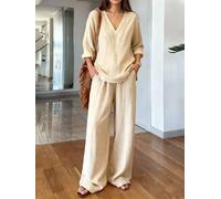 Conjunto de lino de 2 piezas para mujer, trajes de vacaciones en la playa, pantalones de descanso de pierna ancha a juego con camisas casuales de manga larga con cuello en V