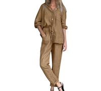 Conjunto de lino de dos piezas para mujer, camisas de manga larga con botones y pantalones de pierna ancha, ropa de descanso, conjunto de traje de playa, chándales para salir de vacaciones, caqui, M
