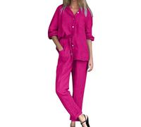 Conjunto de lino de dos piezas para mujer, camisas de manga larga con botones y pantalones de pierna ancha, ropa de descanso, conjunto de traje de playa, chándales para salir de vacaciones, hot pink