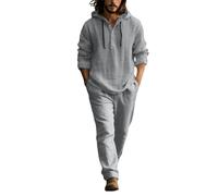 Conjunto de lino para hombre, 2 piezas, traje de verano de manga larga, sudadera con capucha y pantalones de lino, conjunto para verano, playa, traje de ocio cómodo para hombres, gris, S