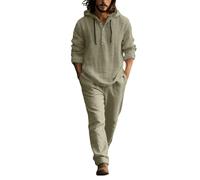Conjunto de lino para hombre, 2 piezas, traje de verano de manga larga, sudadera con capucha y pantalones de lino, conjunto para verano, playa, traje de ocio cómodo para hombres, Negro y verde., XXL