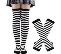 Conjunto de medias y guantes para mujer, calentadores de brazos en blanco y negro, calcetines altos a rayas, calentadores de brazos, guantes sin dedos, Blanco Negro