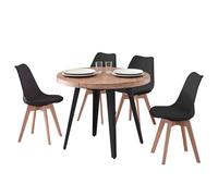 Conjunto de Mesa Extensible Redonda con 4 Sillas Estilo Industrial en Color Roble Nordish y Negro