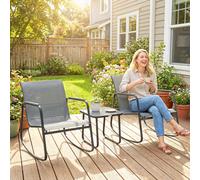 Conjunto de Mesa y Sillas de Exterior de 3 Piezas, Muebles de Jardín Exterior con 2 Sillas Mecedoras, Mesa con Encimera de Vidrio y Estructura de Acero, para Patio