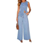Conjunto de mezclilla de 2 piezas para mujer, chaleco de mezclilla sin mangas con botones, Top de mezclilla, camisa Y2k, pantalones vaqueros de pierna ancha, pantalones palazzo, trajes (Azul,M)