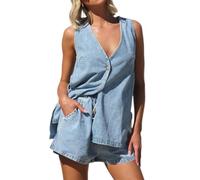 Conjunto de Mezclilla de 2 Piezas para Mujer, Chaleco Vaquero sin Mangas de Verano, Top y Pantalones Cortos, Conjunto de Dos Piezas, Conjunto de Mezclilla para Salir,Light Blue,XL