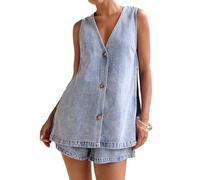 Conjunto de Mezclilla para Mujer, Chaleco sin Mangas y Pantalones Cortos con Cintura elástica, Conjuntos de 2 Piezas, Ropa Vaquera para Salir en Verano,Light Blue,XL