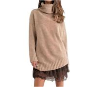 Conjunto de mini vestido de suéter de cuello alto para mujer, traje de invierno de 2 piezas, parte superior de punto suave de gran tamaño y elegante vestido de encaje, caqui, XL