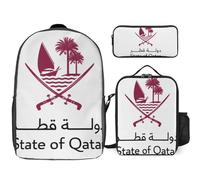 Conjunto De Mochila 3 Piezas Con Katar Emblema Nacional Impresa Mochila Escolar Bolso De Viaje Bandolera Estuche Resistente Al Agua Y Ligero