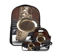 Conjunto de mochila escolar,saxofón piano música fondo,con bolsa de almuerzo y estuche para lápices para mochila para adolescentes