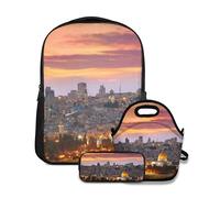 Conjunto de mochila para escuela, casco antiguo de Jerusalén Centro histórico de la ciudad Israel Crepúsculo Vista, con bolsa de almuerzo y mochila para adolescentes