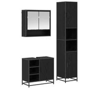 Conjunto de mueble de baño de 3 piezas, madera negra, ingeniería de pared | Diseño minimalista, líneas nítidas, almacenamiento práctico, puertas al ras al ras y asas de barra, fijaciones de pared