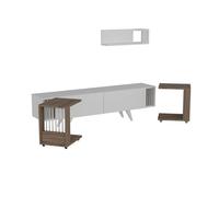 [en.casa] Conjunto de Mueble de Salón - Mesa TV 1 Estante de Pared 2 Mesas Auxiliares Rodantes - Aglomerado/Plástico 41 x 150 x 32 cm Blanco/Roble