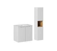 Conjunto de muebles con lavabo individual encastrado 60cm 2 puertas y columna riva blanco y madera