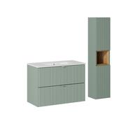 Conjunto de muebles con lavabo individual encastrado 80cm 2 cajones y columna jade verde y madera